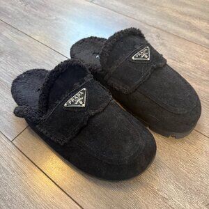 Prada Suede and Shearling Mules